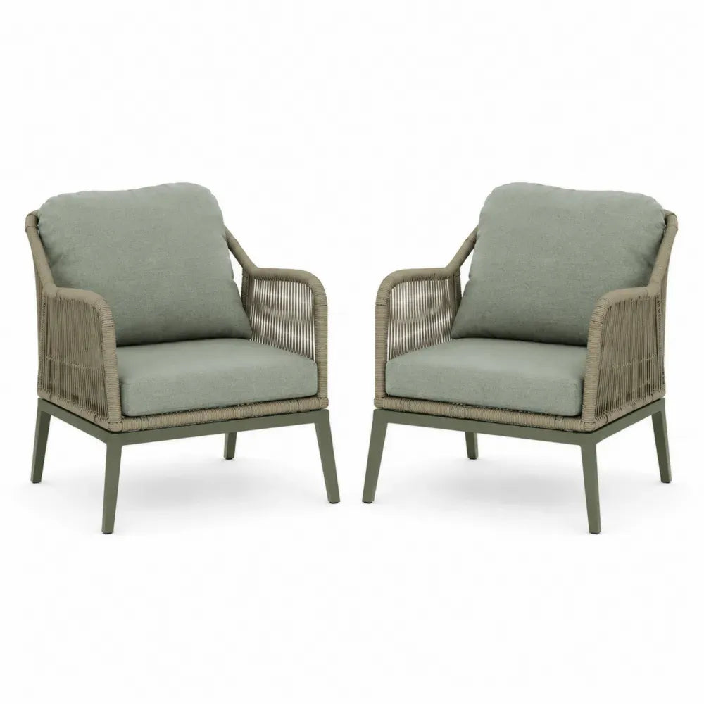 Garten-Loungesessel 2er Set mit Kissen 75 x 78 x 78 cm Aluminium PE-Seilgeflecht Polyester Salbeigrün Olivgrün Taupe