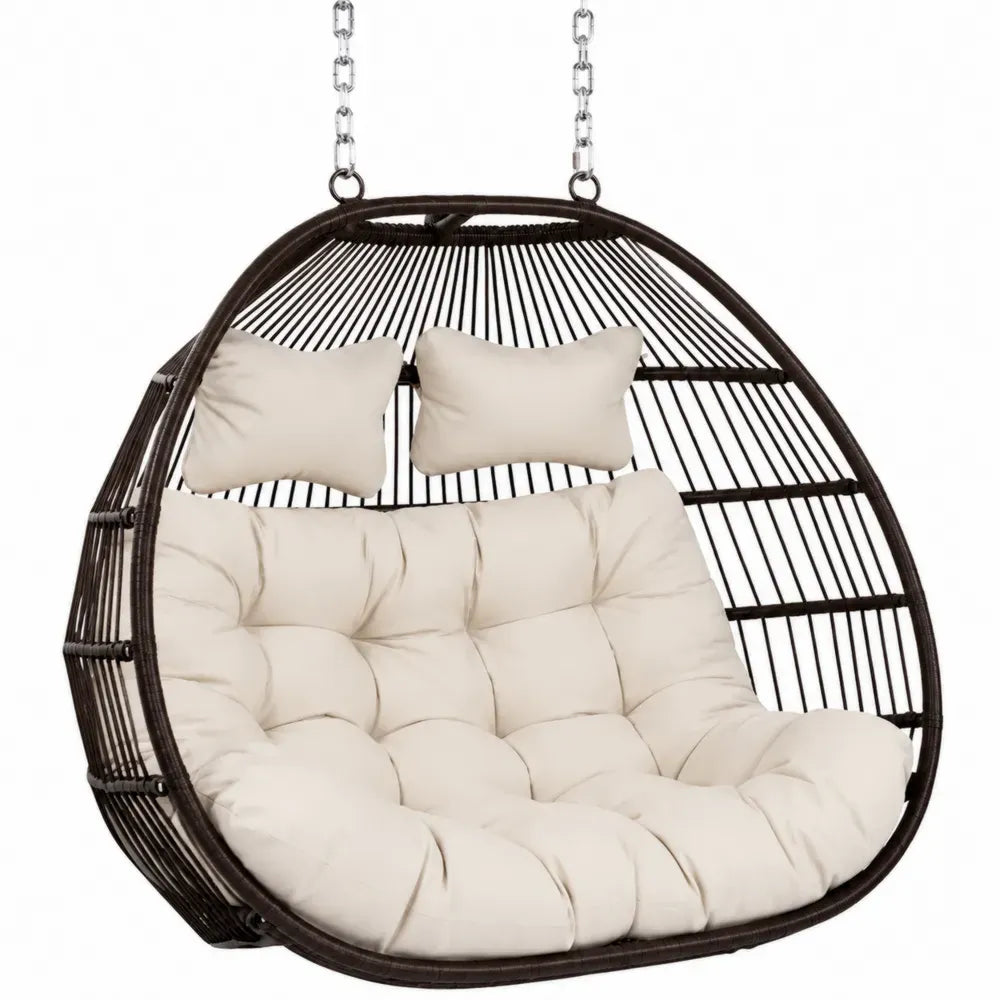 Hängesessel für 2 Personen mit Kissen 130 x 75 x 120 cm PE Rattan Stahl Polyester Dunkelbraun Creme Silber