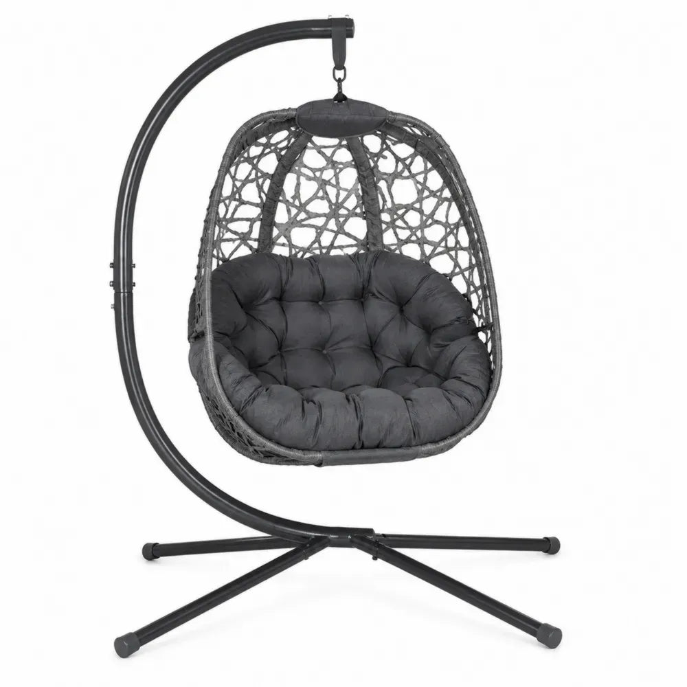 Hängesessel mit Gestell und Kissen 105 x 95 x 198 cm HDPE-Polyrattan Stahl Polyester Grau Schwarz