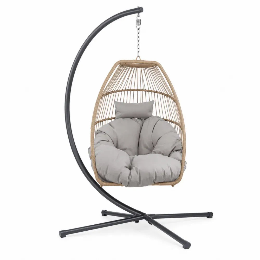 Hängesessel mit Gestell und Kissen Eiform 105 x 105 x 198 cm PE-Rattan pulverbeschichteter Stahl Polyester Beige Grau Schwarz