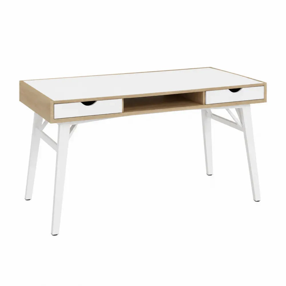 Schreibtisch rechteckig mit 2 Schubladen und offenem Ablagefach 120 x 55 x 76 cm Spanplatte MDF Stahl Weiß Eiche hell Schwarz