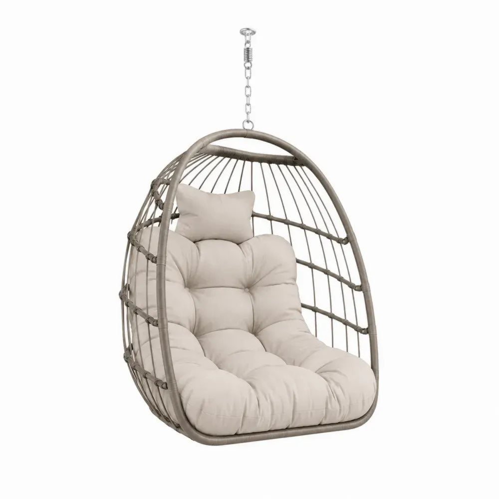 Hängesessel ohne Gestell mit Kissen und Kette oval 92 x 72 x 128 cm HDPE-Polyrattan Stahl Polyester Beige Taupe