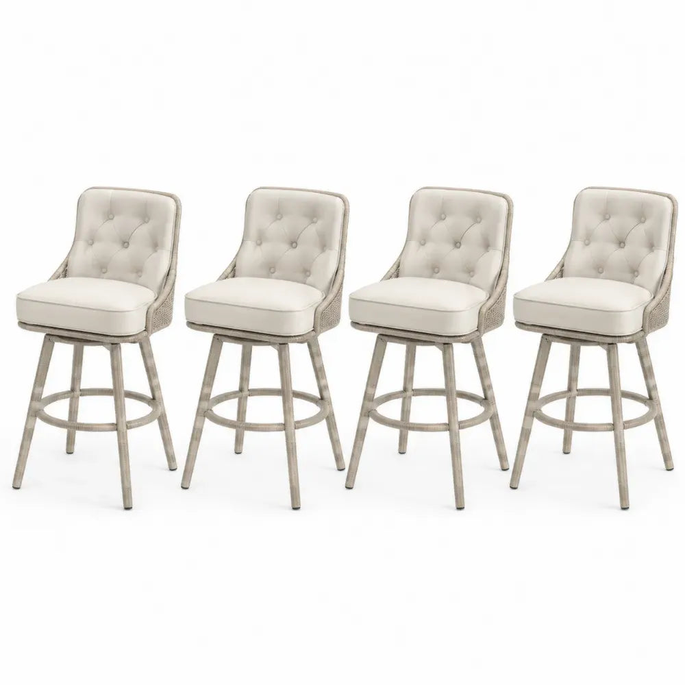 4er Set Barhocker gepolstert mit Knopfheftung Rattangeflecht Kautschukholz Polyester Creme Graubeige Naturbeige je 52 x 58 x 108 cm
