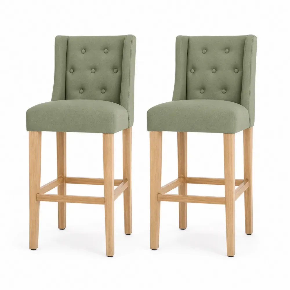 Barhocker 2er Set mit hoher Rückenlehne Knopfheftung Kautschukholz Polyestergewebe Grün Natur 52 x 60 x 109 cm