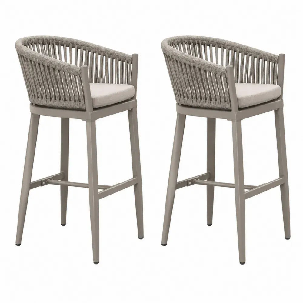 Barhocker 2er Set mit Armlehnen Seilgeflecht Sitzkissen Aluminium Polyester Taupe Graubeige Beige 56 x 58 x 105 cm