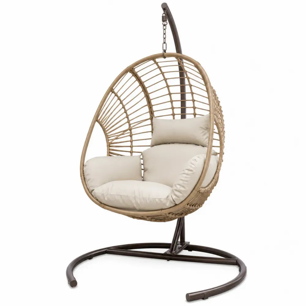Hängesessel mit Gestell Tropfenform 105 x 105 x 195 cm PE-Rattan Stahl Polyester Natur Creme Dunkelbraun