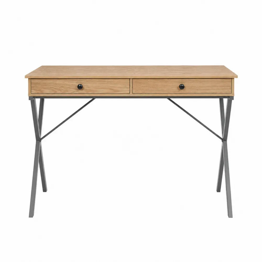 Schreibtisch rechteckig mit 2 Schubladen Spanplatte Stahl Eiche hell Grau Schwarz 120 x 50 x 76 cm