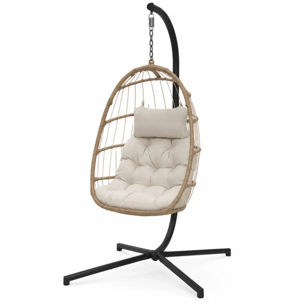 Hängesessel mit Gestell Eiform 105 x 95 x 195 cm HDPE Polyrattan Stahl Polyester Beige Creme Schwarz