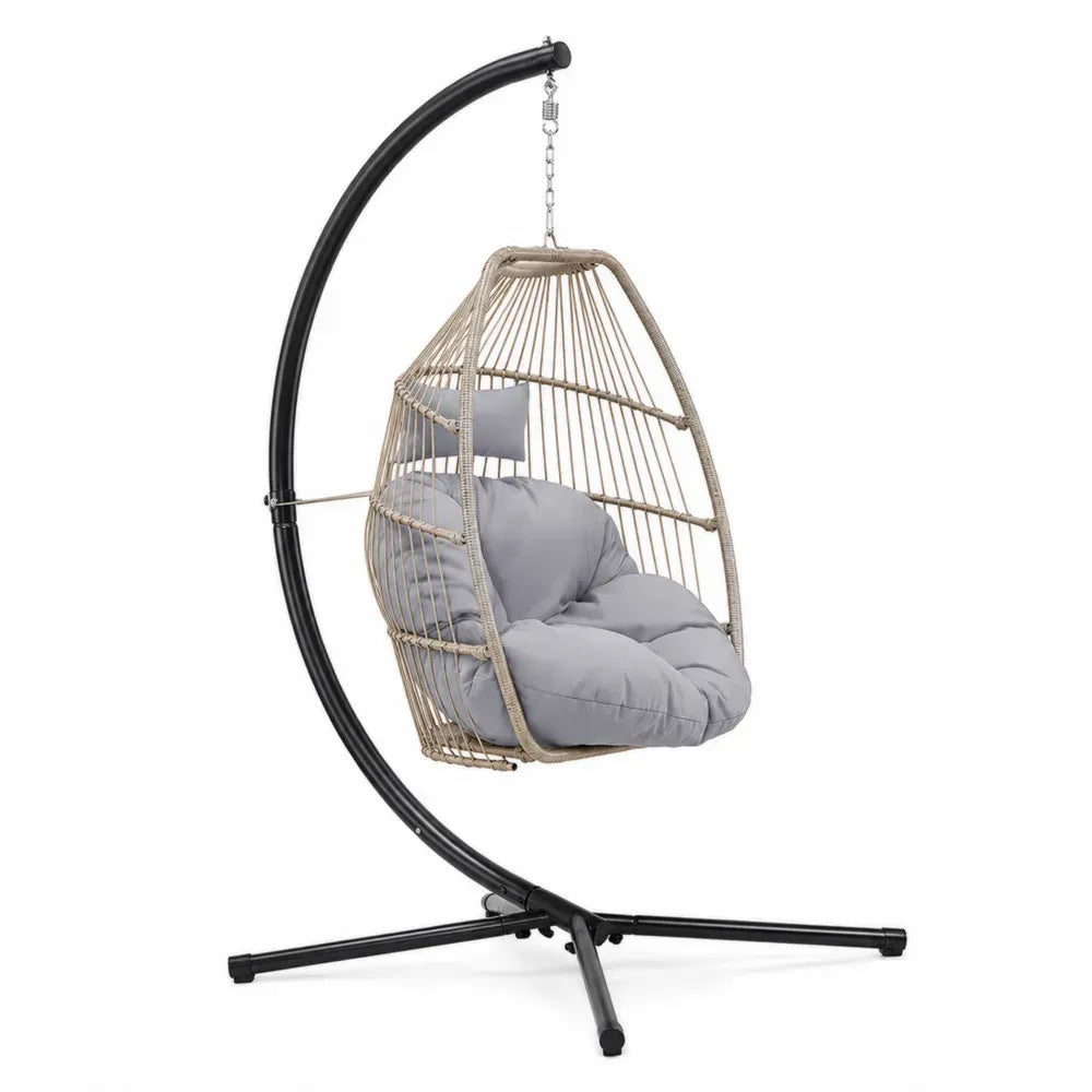 Hängesessel mit Gestell und Kissen Eiform 105 x 105 x 198 cm PE-Rattan pulverbeschichteter Stahl Polyester Beige Grau Schwarz