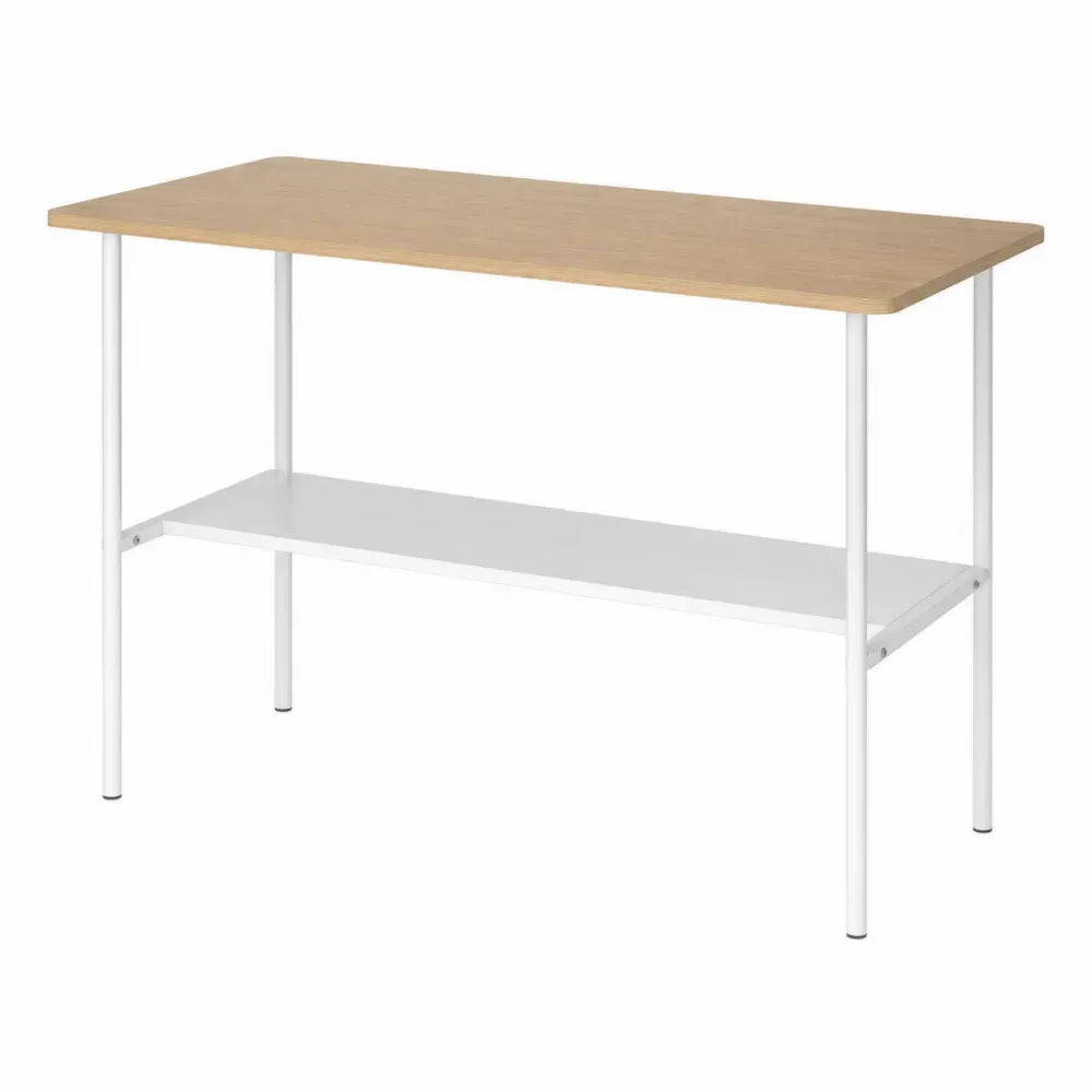 Schreibtisch rechteckig mit Ablageboden 120 x 50 x 75 cm Spanplatte Stahl Eiche hell Weiß
