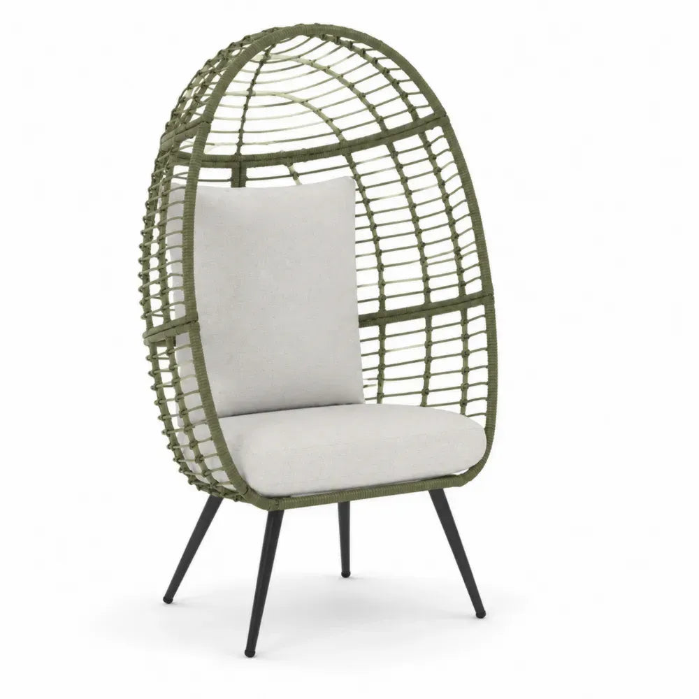 Garten Loungesessel Ei-Form mit Kissen 82 x 85 x 150 cm PE-Seilgeflecht Stahl Polyester Olivgrün Hellgrau Schwarz