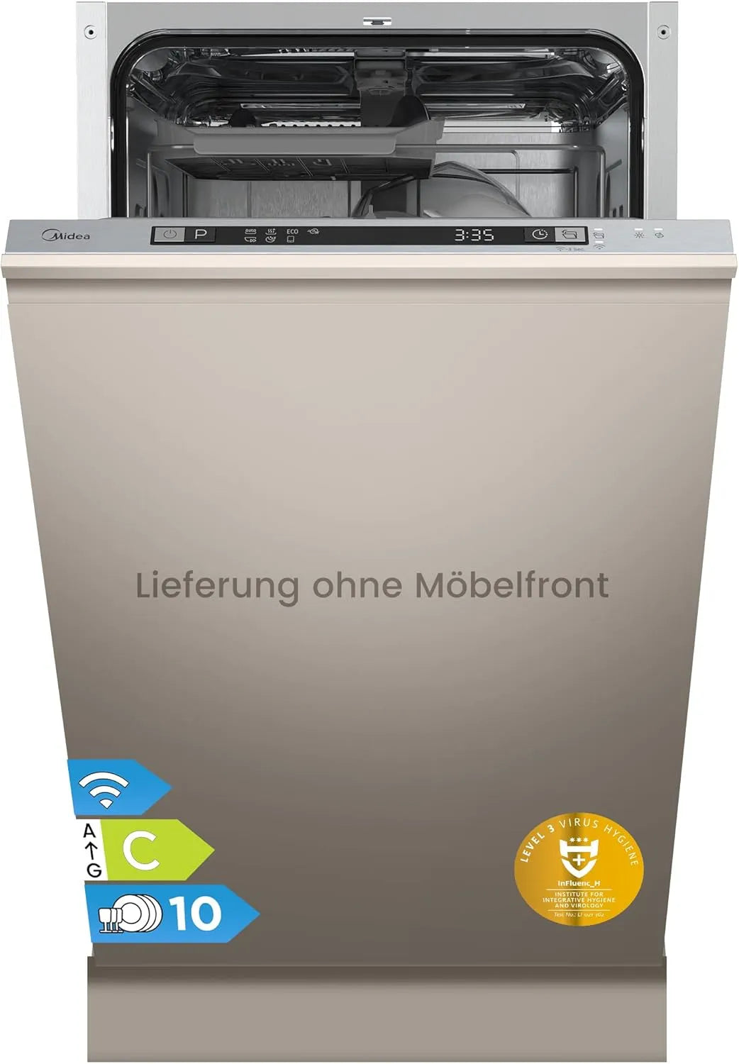 Midea Geschirrspüler 5.14K10C 0-24H, 44 dB, 8 Betriebsprogramme, Automatische Türöffnung, Inox, SV Vollintegriert 45cm, 10 Maßgedecke