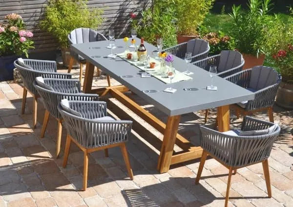 Tisch, bomey Gartenmöbel-Set 6 Stühle mit Veltis XL aus Akazienholz 220 x 100 cm, Gartenstühle in Seiloptik