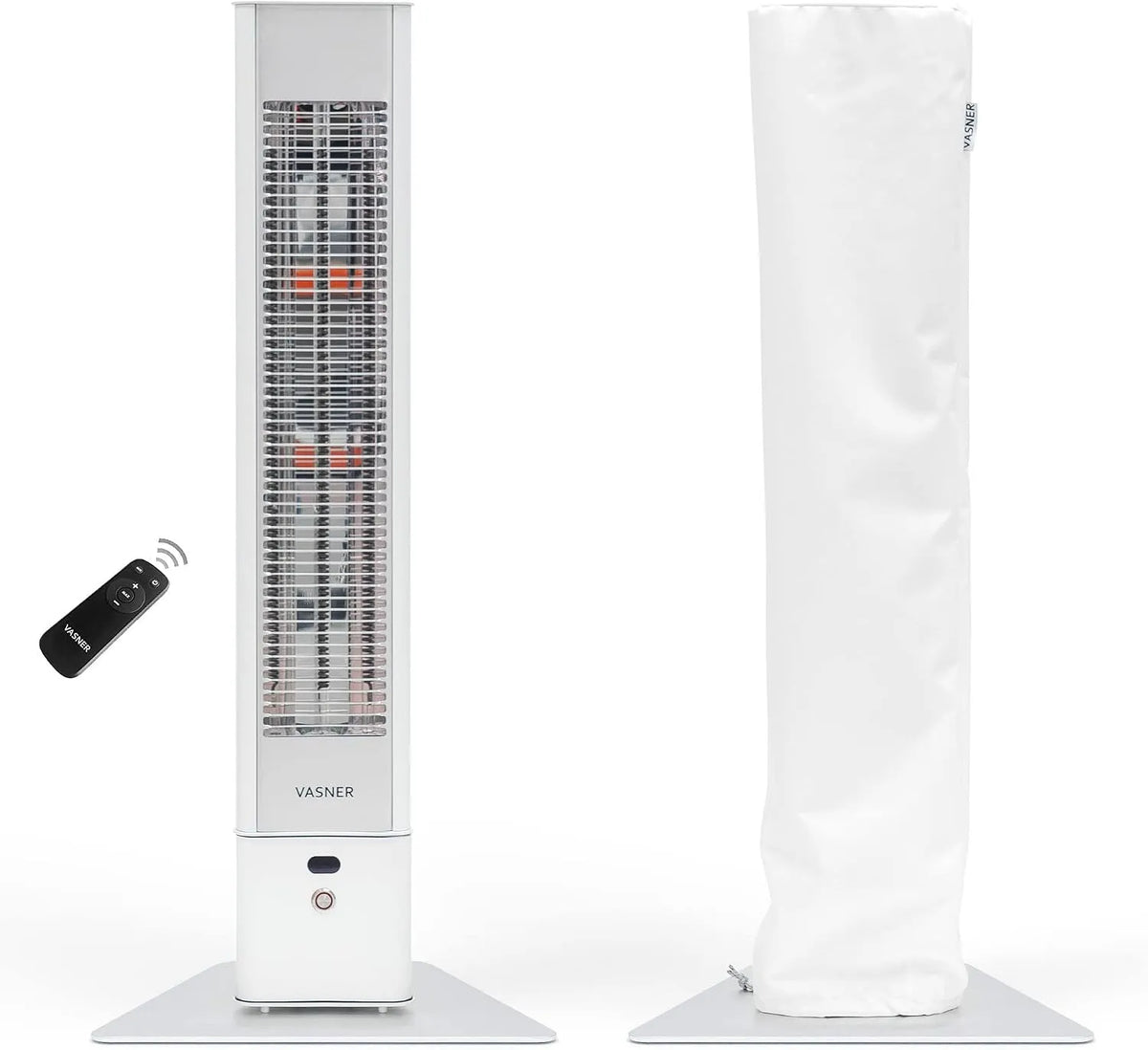 Weiß + AirCape weiß Modell IP65 VASNER HeatTower, Infrarot Standheizstrahler 2500 Watt mit Abdeckhaube, 4 Heizstufen, Heizstrahler Terrasse