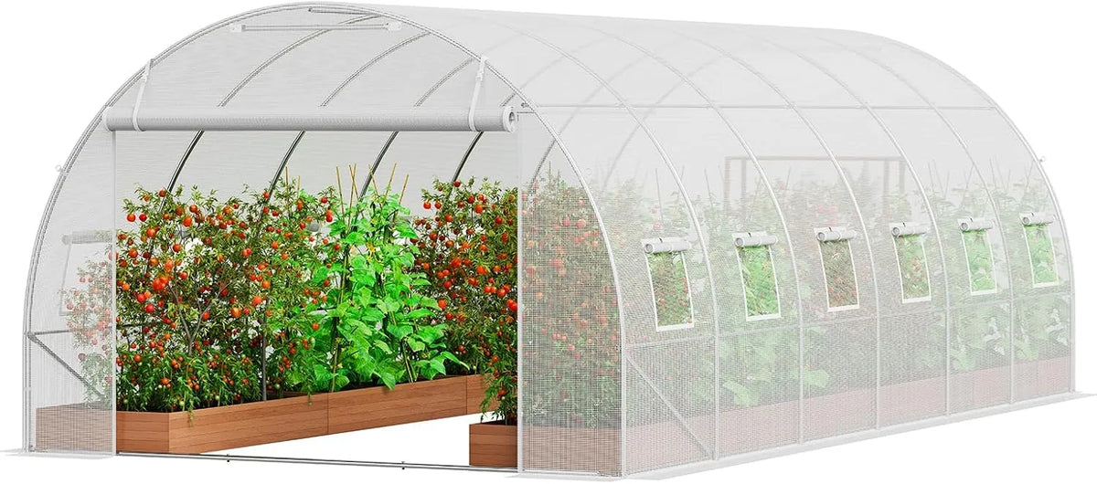 Vevor Gewächshaus, Maße 590 x 295 x 198 cm, aufrollbarer Reißverschlusstür und 12 Fenstern für den Außenbereich, Folien, Tomatengewächshaus, Weiß
