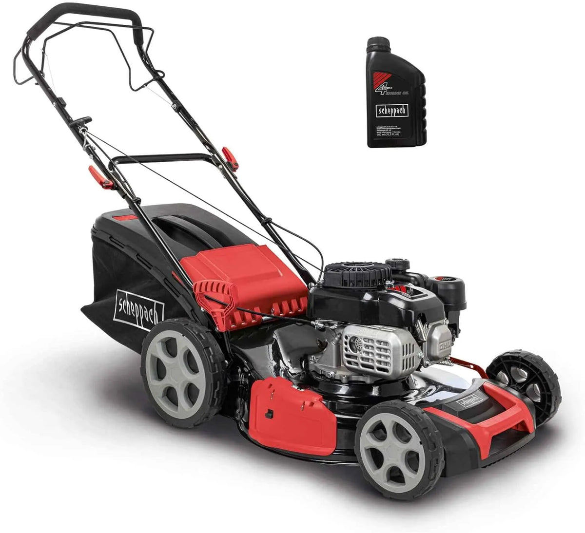 Scheppach Rasenmäher MS180-51, 5,4 PS, 51cm Schnittbreite, Fassungsvermögen 65L Korb, 8-Fach Verstellung, inklusive. Motoröl, Benzin mit Radantrieb