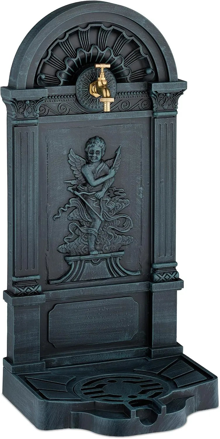 Relaxdays Standbrunnen, HxBxT: 83x39x33 cm, antik, Engel-Design, mit Wasserhahn & Becken, Zapfstelle Garten, Farbe Grau-grün