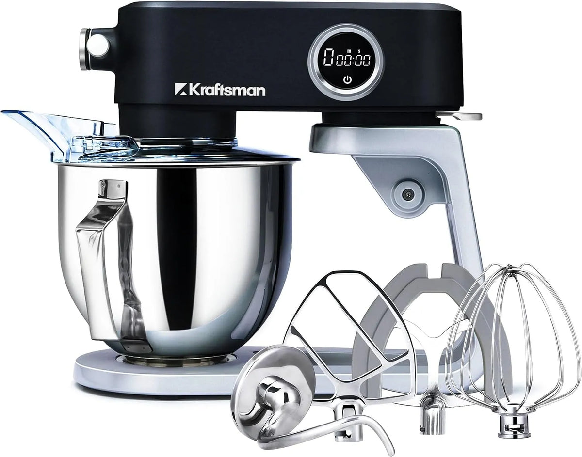 Küchenmaschine, Knetmaschine für Brotteig, Ganzmetallgehäuse,8 Stufen mit Timer,5 L Schüssel, 4 Edelstahl-Aufsätze: Flachrührer, Knethaken