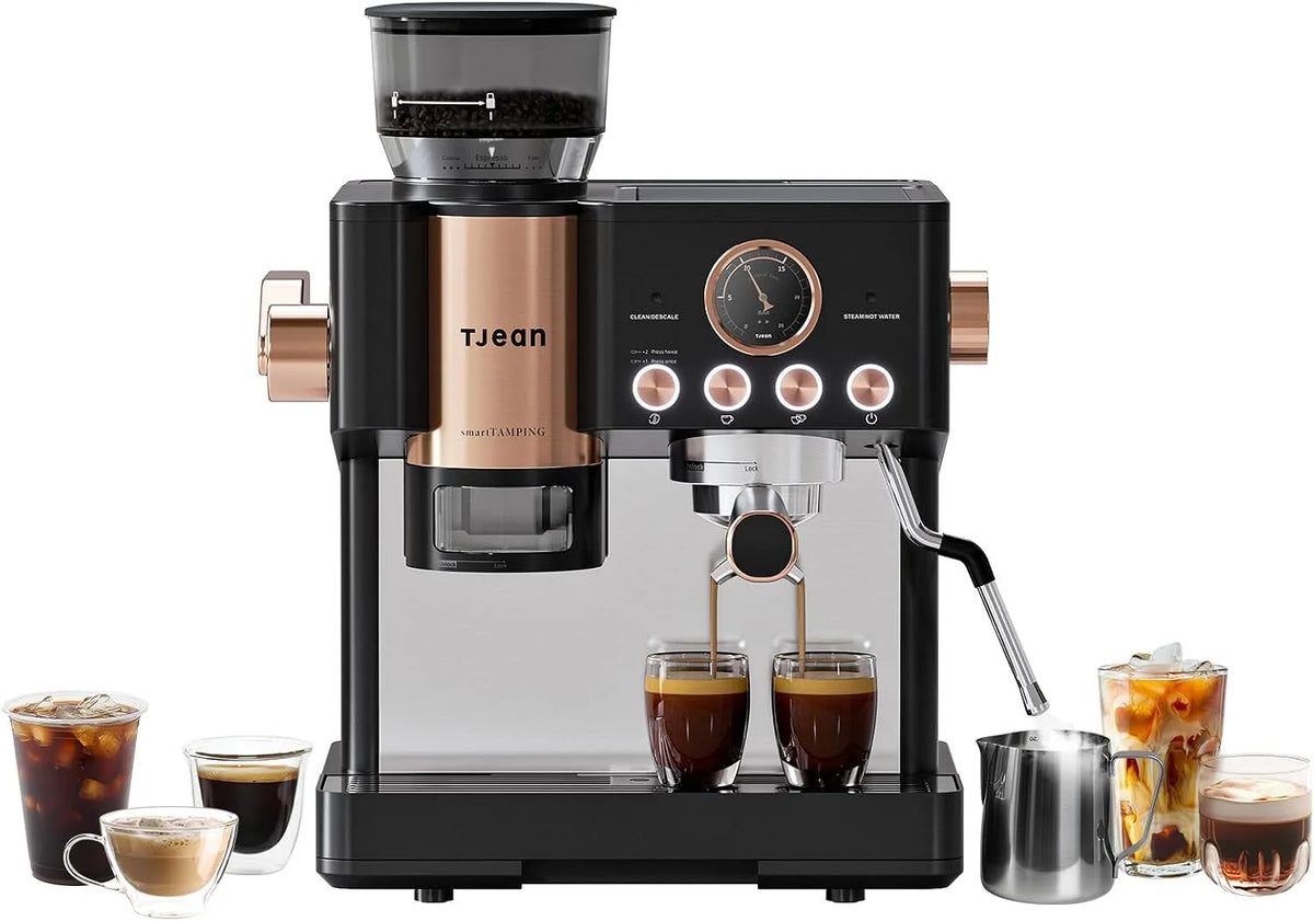 Espresso-Siebträgermaschine, mit Mahlwerk und Manuellem Milchschäumer,3-in-1, Tjean Barista Senso Doppelboiler