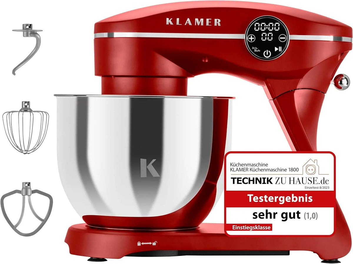 Küchenmaschine KLAMER, Leistung 1800W, Knetmaschine Brotteig mit Edelstahl-Rührschüssel 6 L, 10 Stufen mit Timer, Planetenrührwerk, Rührbesen