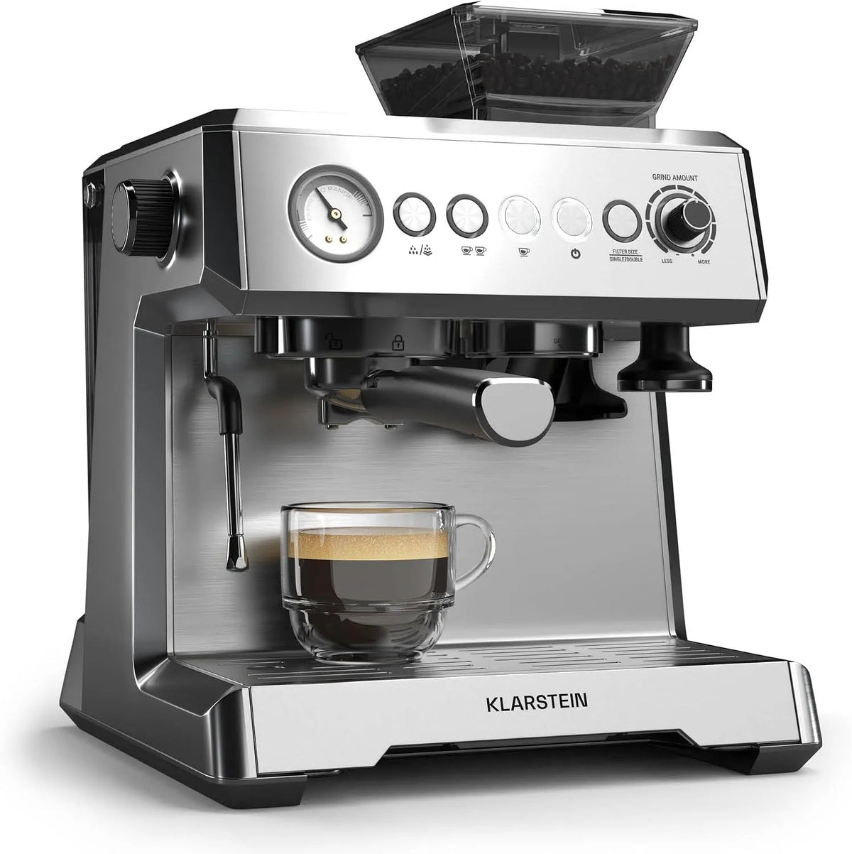 Klarstein Espresso-Siebträgermaschine 3-l-Wassertank, Leistung 1.350 W, Integriertes Präzisionsmahlwerk, Tassenwärmer, 20 Bar, Dampfdüse