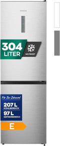 Kühlschrank, Heinrich´s Kühlgefrierkombination 304Liter, Kühlvolumen 207L, Gefrierfach 97L, leise 39dB, LED Innenraumbeleuchtung, NO FROST, inox