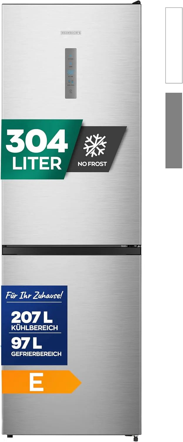 Kühlschrank, Heinrich´s Kühlgefrierkombination 304Liter, Kühlvolumen 207L, Gefrierfach 97L, leise 39dB, LED Innenraumbeleuchtung, NO FROST, inox