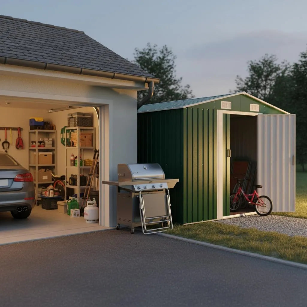 Gerätehaus, Metall 257x580x181 cm Grün, Geräteschuppen Die Hütte Mit Doppel-Schiebetüren Und Belüftung