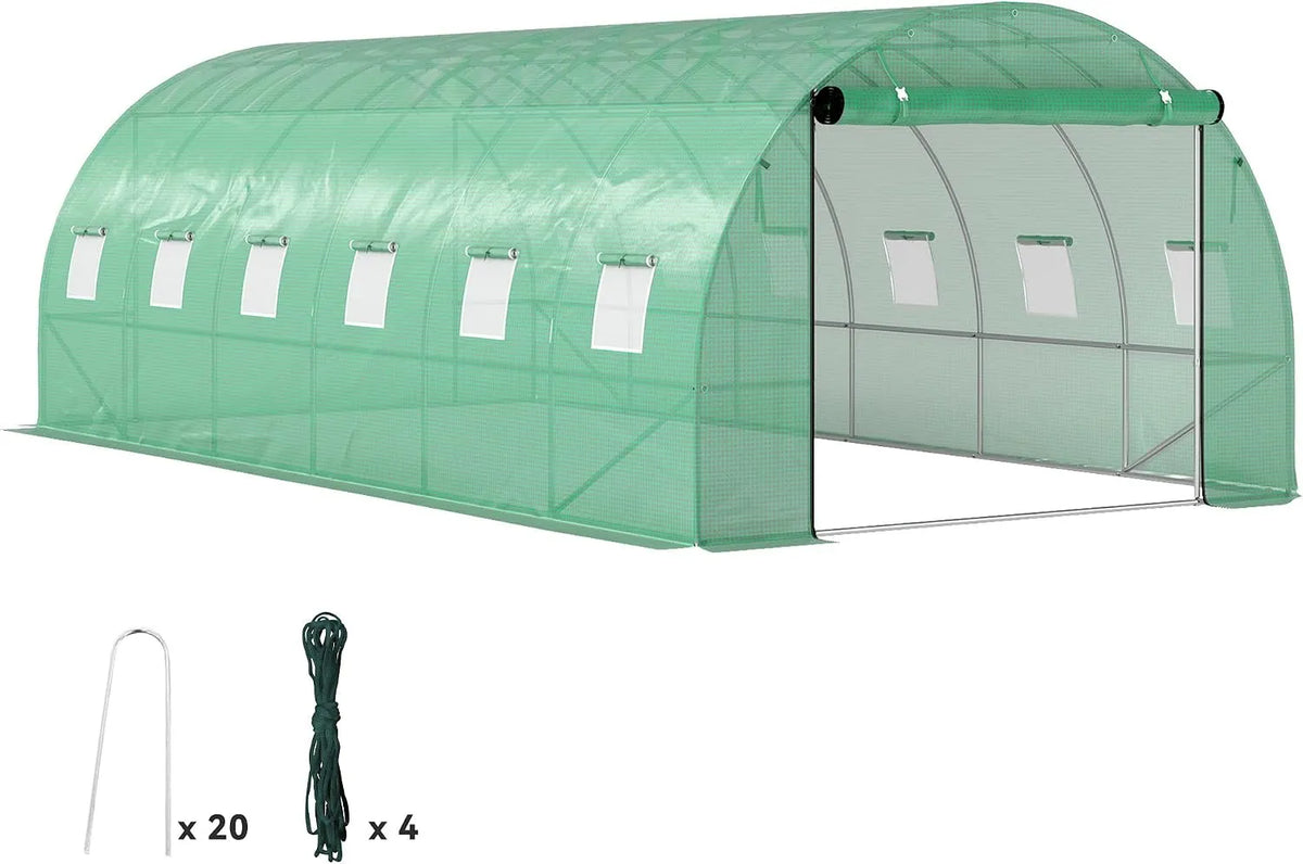 Outsunny Gewächshaus, 300x600x200cm Foliengewächshaus Tomatenhaus mit Tür, 12 Fenster, 170g, Folientunnel aus verzinktem Stahl, m² PE, Grün