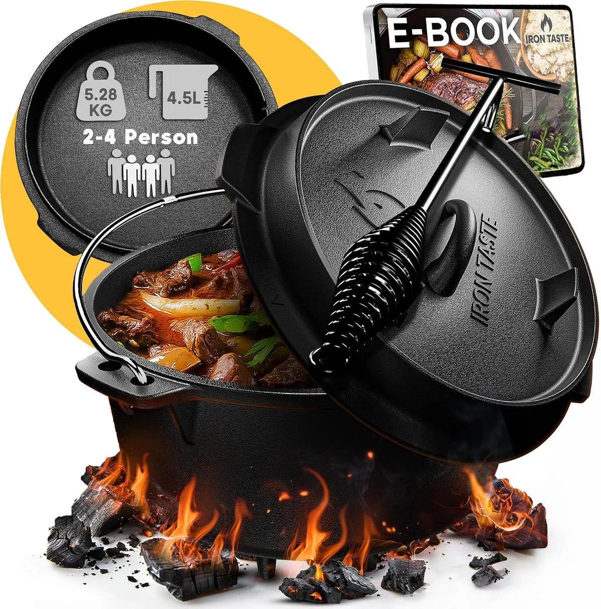 Set Dutch Oven, Set 4.5L, Eingebrannter 4.5 Liter, für 2-4 Personen, Feuertopf Gusseiserner Topf mit Füßen & mit praktischem Deckelheber