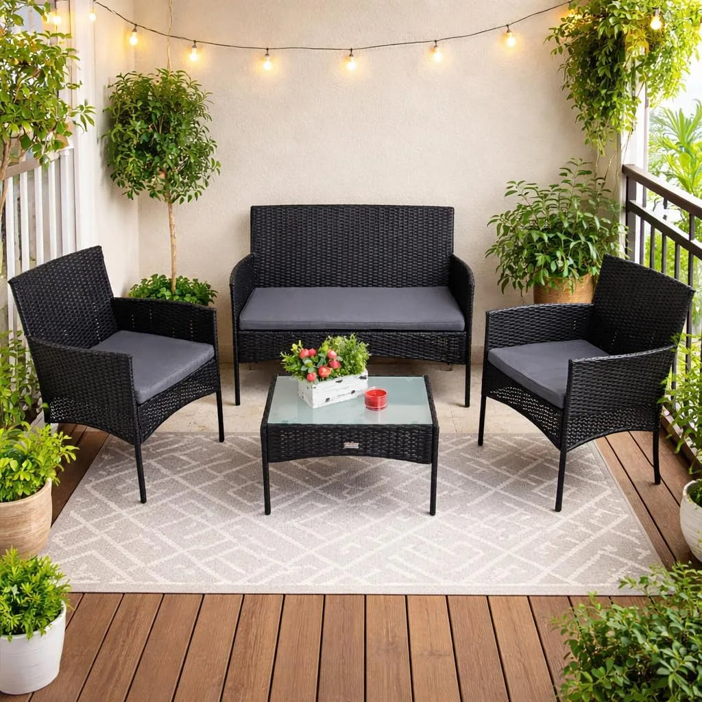 Sitzgruppe Gartenmöbel Set Flechtdesign 4-teilig Rattan Gartenset Balkonmöbel Farbe Schwarz ESTEXO Polyrattan
