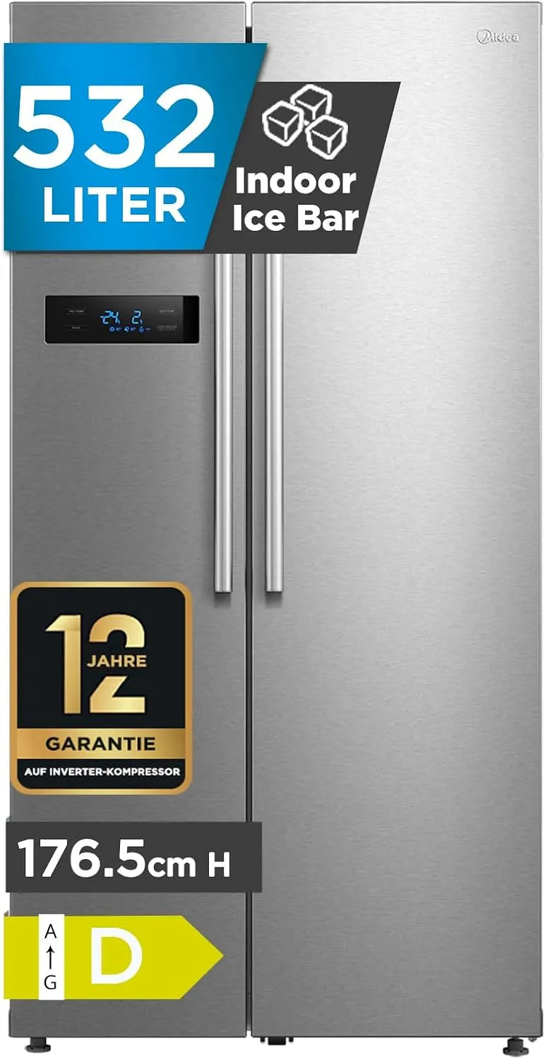 Midea Modell Control, 176,5 cm Höhe MERS530FGD02, Fassungsvermögen 335 L Kühlen, Fassungsvermögen 197 L Gefrieren, 256 kWh, Side-by-Side Kühl, Jahr