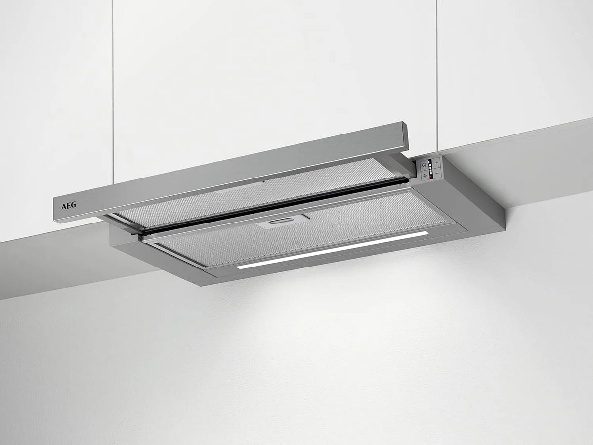 AEG Dunstabzugshaube DPS5650AM, max. 70 dB, max. 415 m³/h, Breite 60cm, min. 54, Flachschirm, Abluft oder Umluft, SoftTouch Tasten, Farbe Grau