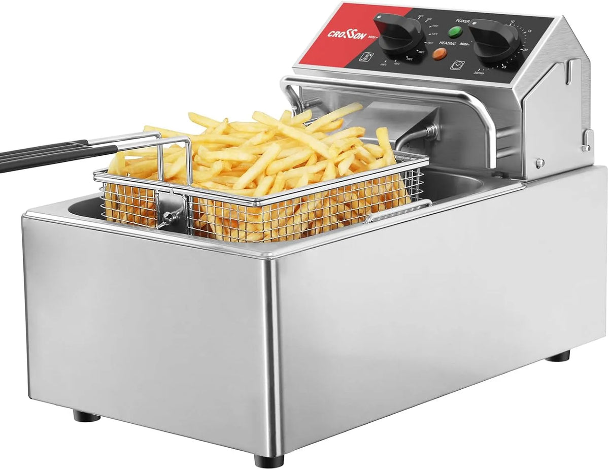 CROSSON Elektrische Aufsatzfritteuse mit leicht zu reinigendem rotierendem Fritteusenkopf, 30 Minuten Timer, Fassungsvermögen 6L single tank