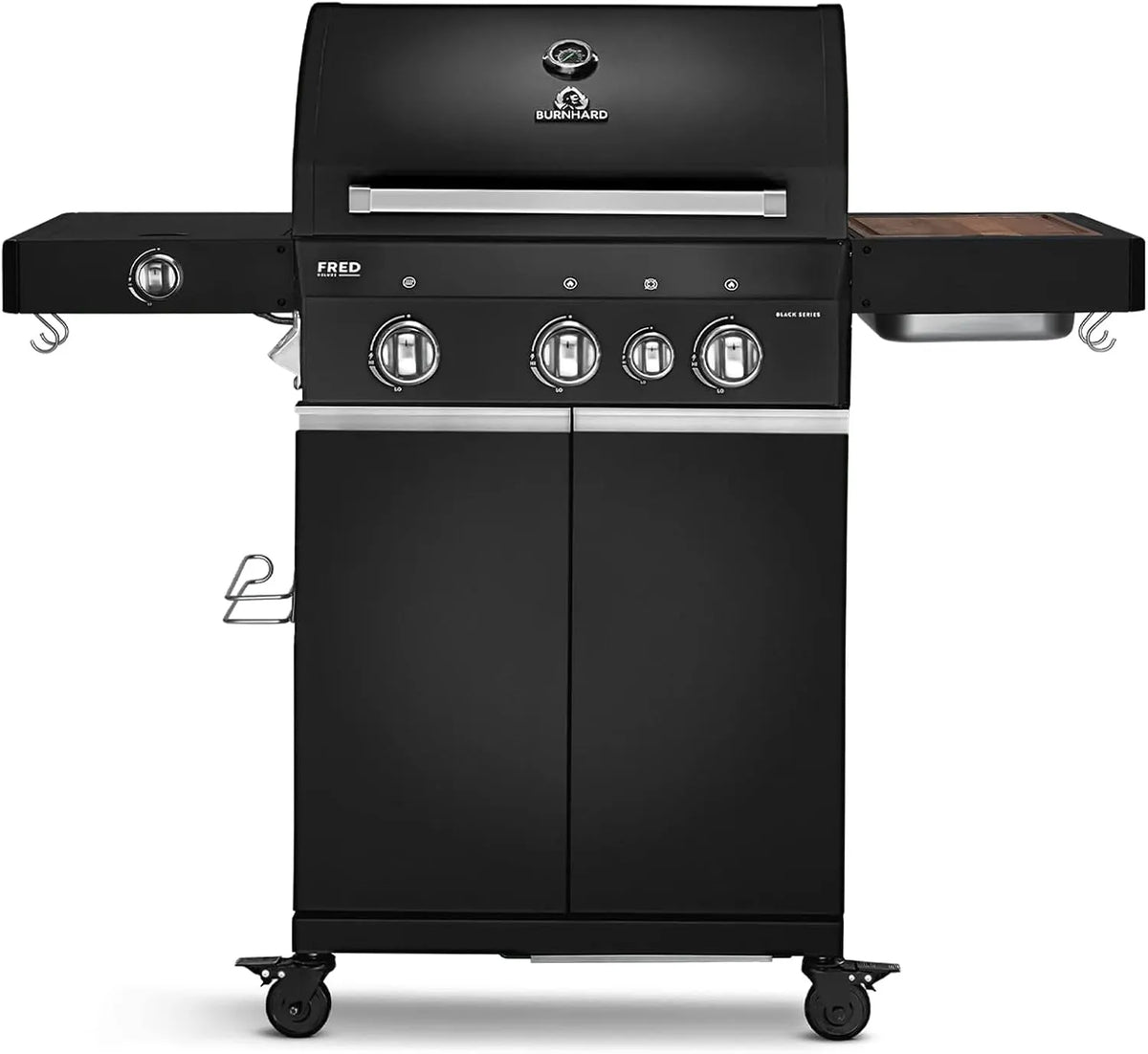 Gasgrill BURNHARD, 900°C Infrarot-Keramikbrenner, Gusseisen-Grillrost, Grillwagen, FRED Deluxe, 3-Brenner inklusive. BACKBURNER, Seitenkochfeld
