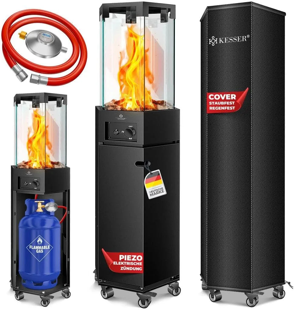 Kesser, Terrassenheizstrahler Gasheizung Gasheizer Outdoor Kamin Mobiler Heizpilz, 360° Rollen Kippschutz, in Schwarz