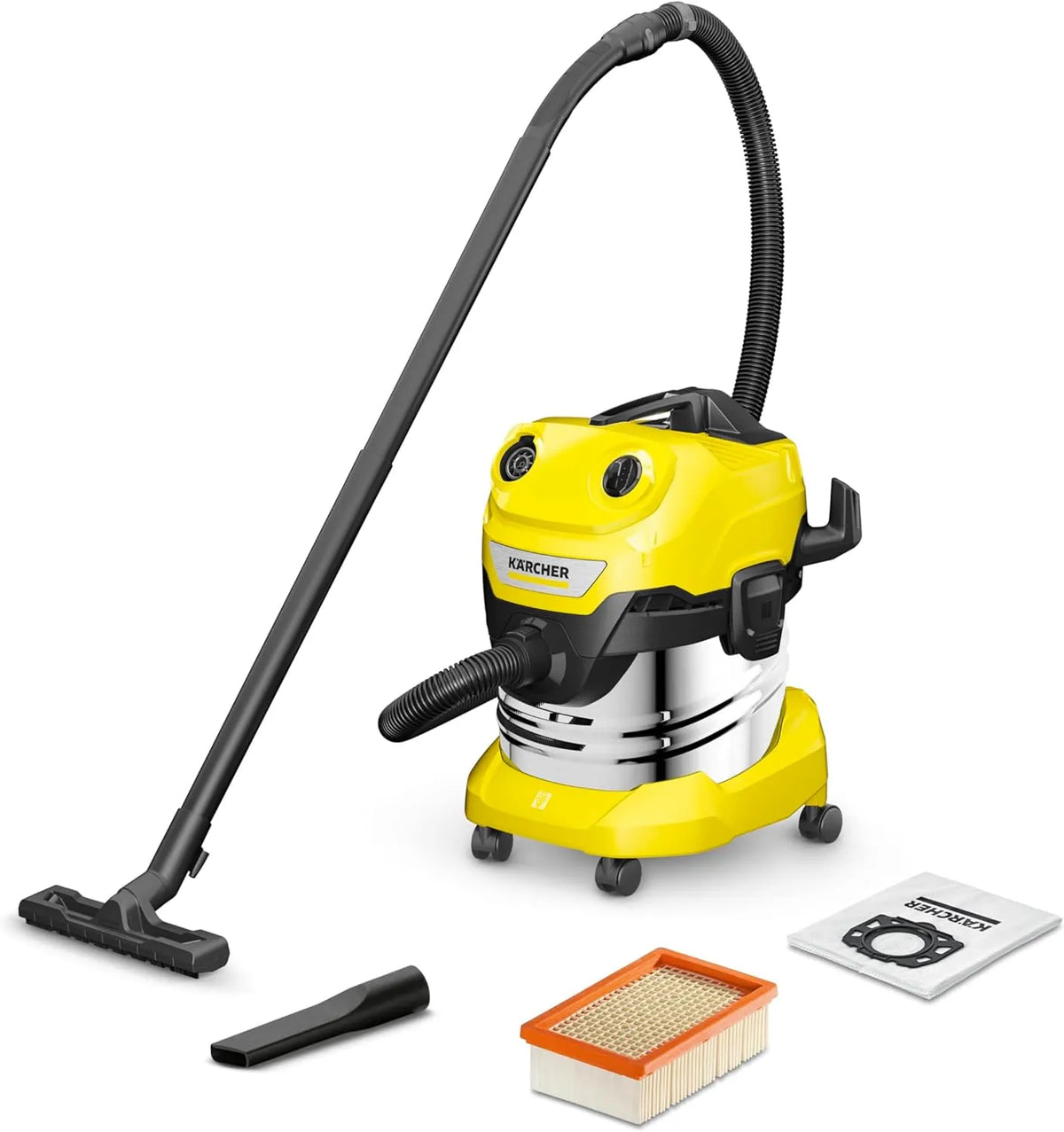 Karcher Nass-/Trockensauger, Fassungsvermögen 20 l Edelstahlbehälter, 5 m Kabel, Clips-Bodendüse, Gelb, WD 4 S V-20/5/22 Nass-&, Leistung 1000 W