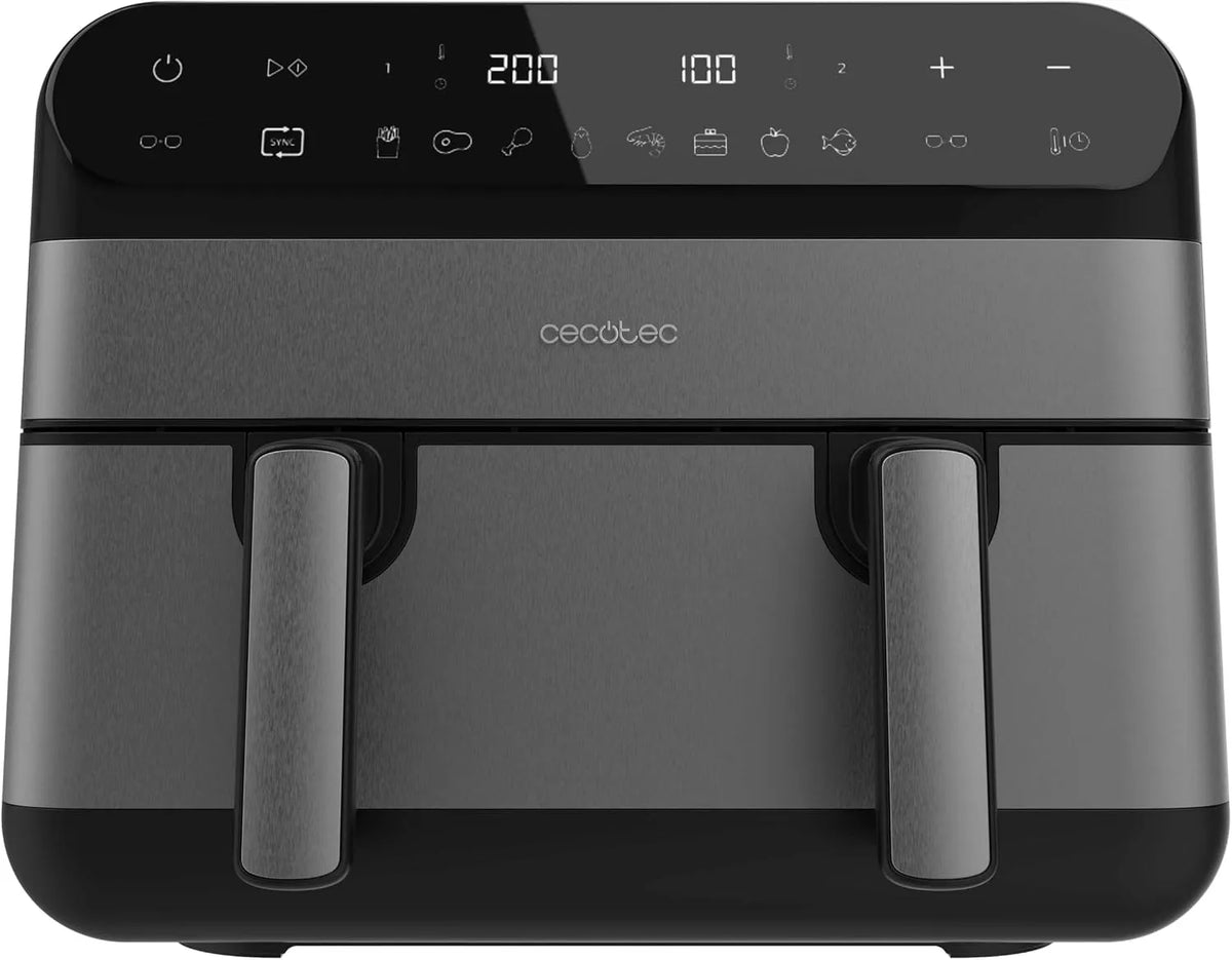Cecotec Heißluftfritteuse 9000, 8 Automatikprogramme, Cecofry Advance Inox. 2800 W. 9 L, 30–200 °C, Doppelkammer Mit Beweglicher Trennwand