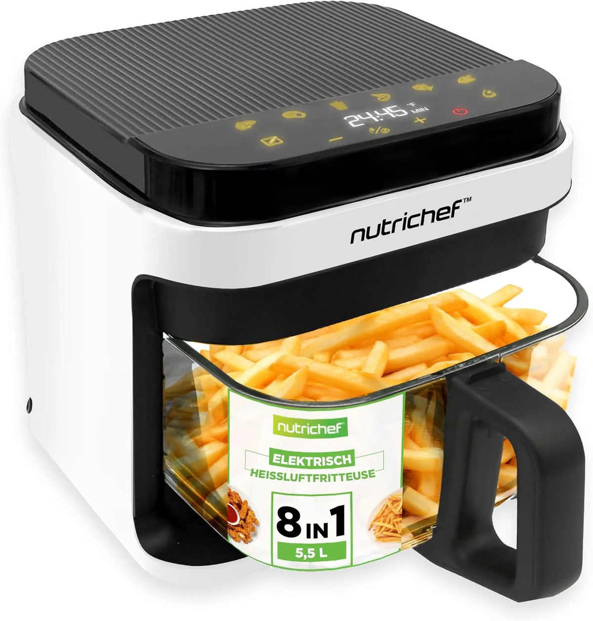 Heißluftfritteuse NutriChef, Fassungsvermögen 5,8L, 8-in-1 Betriebsprogramme, Transparente Schüssel, Temperatur- und Zeiteinstellung, Für Fleisch