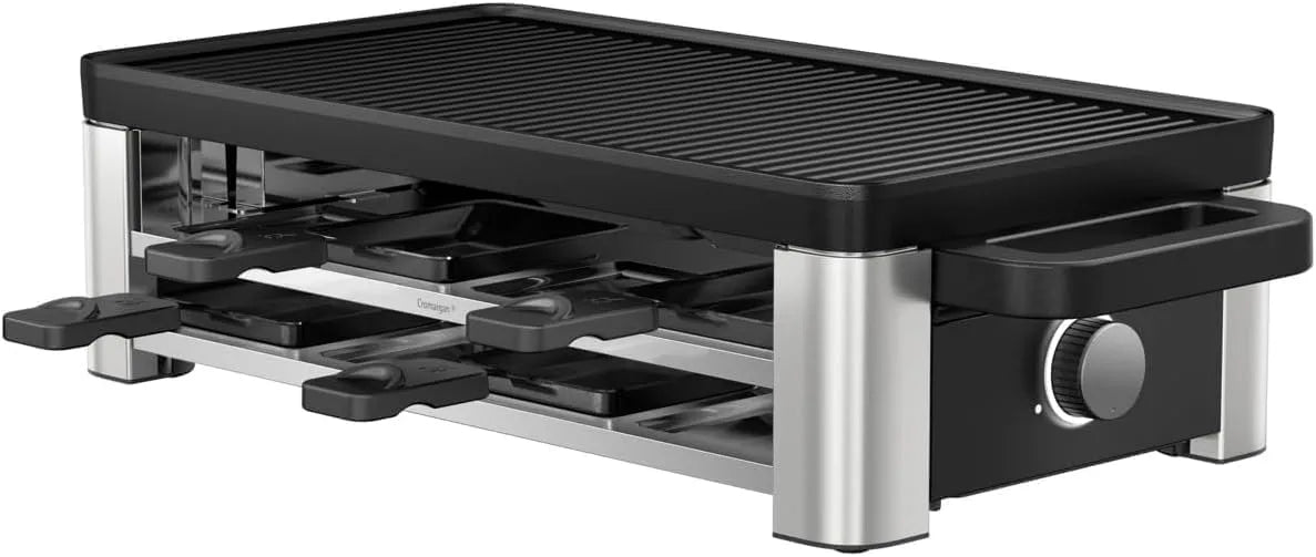 WMF Grill, 8 Pfännchen und Spatel, Lono Selection Raclette 8 Personen, 1500W Leistung, keramikbeschichtete Grillplatte, Temperaturregelung und Ablage