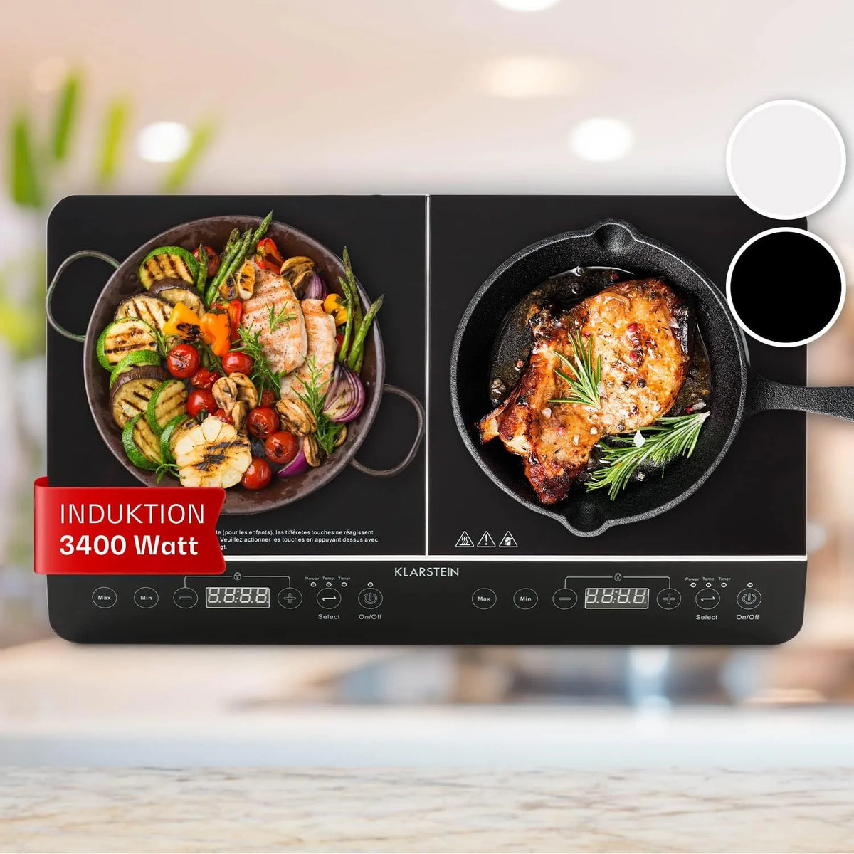 Klarstein Induktionskochfeld, VariCook Slim Doppel 3500W, 240°C, 10 einstellbare Leistungsstufen, Glasoberfläche, Timer, in Schwarz
