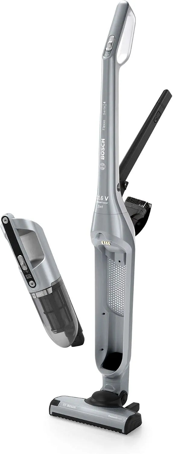 Bosch Akku-Staubsauger 2in1 BCH3P210, beutellos, Lange Laufzeit, Fugendüse, Silber, Flexxo Serie 4, kabelloser Handstaubsauger, hohe Saugleistung