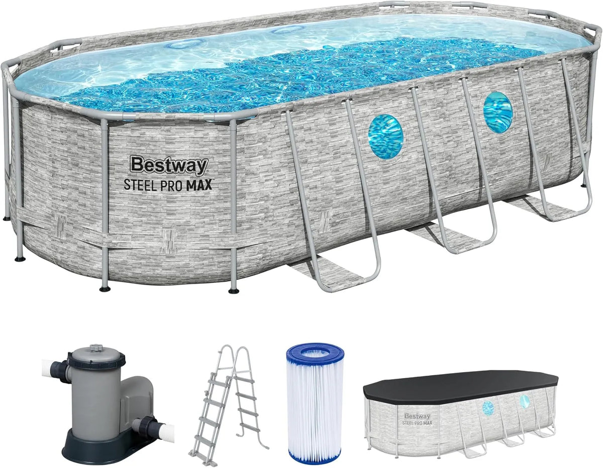 Bestway Pool, Power Steel Swim Vista Series Frame Komplett-Set mit Filterpumpe 549 x 274 x 122 cm, Steinwand-Optik, Cremegrau, oval