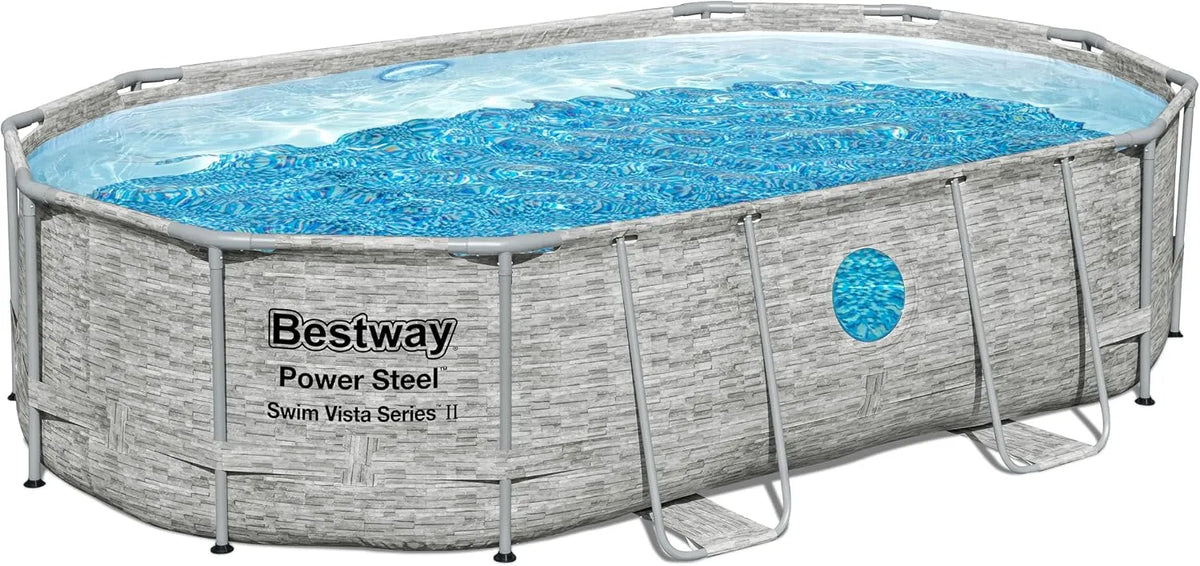 Bestway Pool, Power Steel Swim Vista Series Ersatz Frame ohne Zubehör 488 x 305 x 107 cm, Steinwand-Optik, Cremegrau, oval