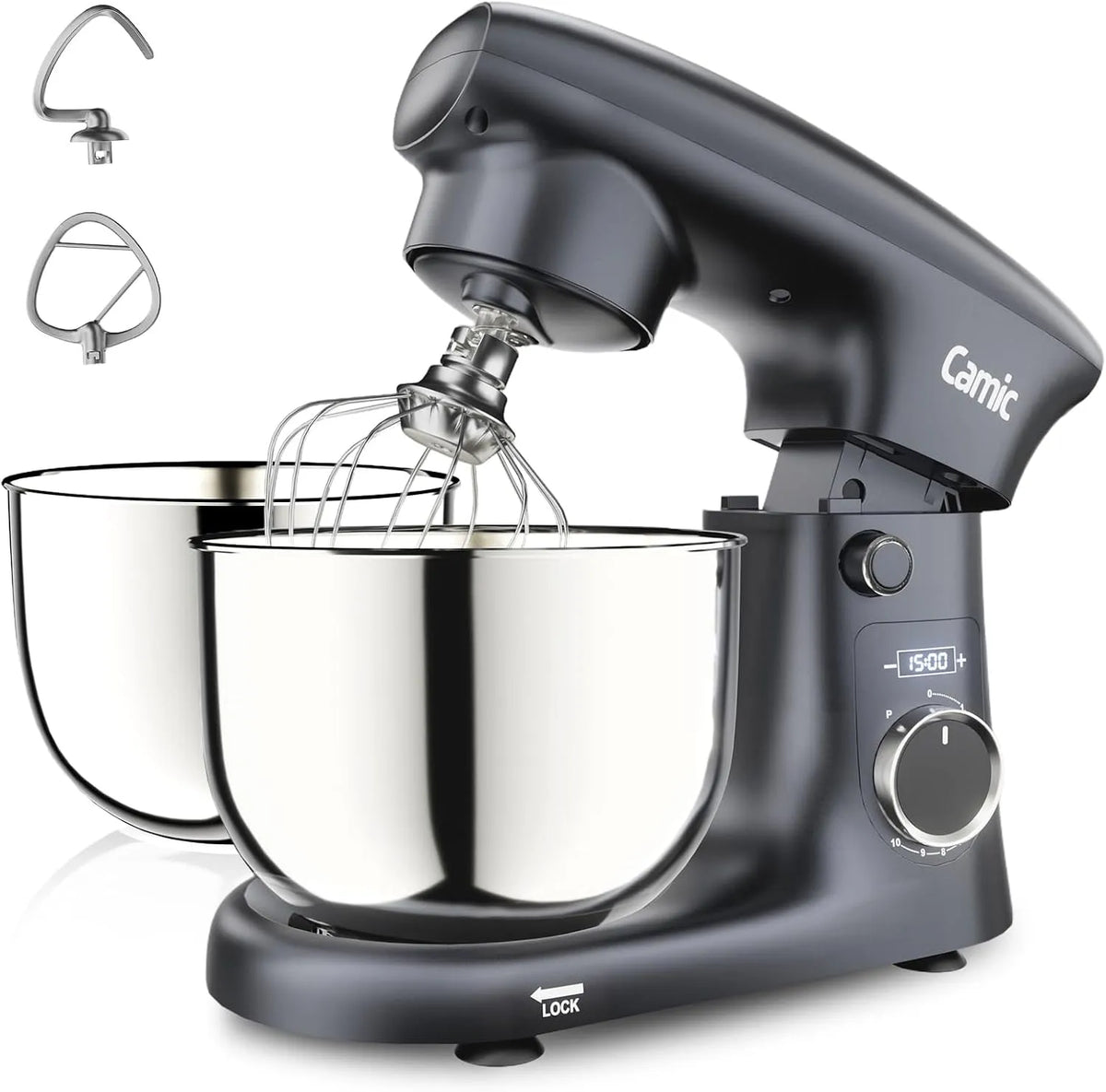 Küchenmaschine 4L+5L Camic, 10 Geschwindigkeitsstufen, Knet, Schneebesen, Zeit einstellen, Brot, mit 3 Zubehörteilen, 2 Edelstahlschüsseln, Rühr