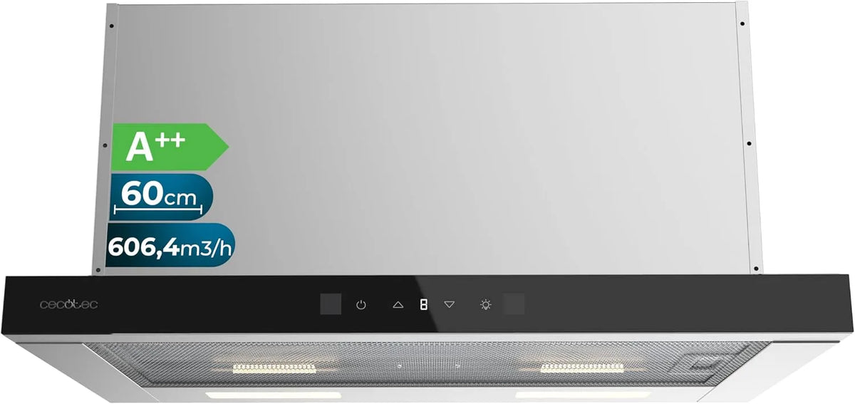 Cecotec Dunstabzugshaube 605501, Bolero Flux TLT Glass Black A++. 60 cm, 606,4 m³/h, 3 Stufen + Booster, 5-lagige Alufilter, BLDC-Motor, LED