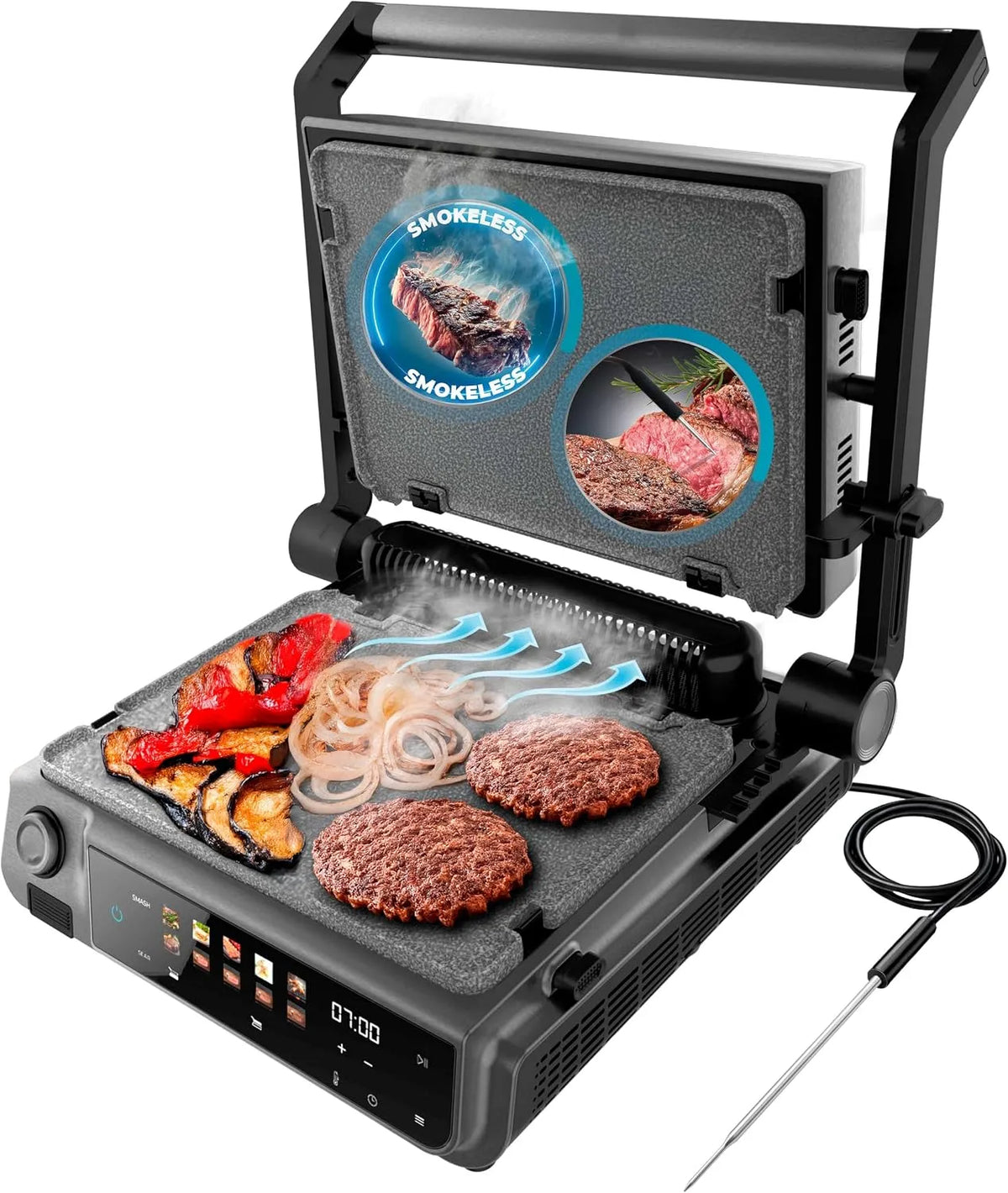 Cecotec Grill, Rock'nGrill 2000 Smash PerfectCook Elektrogrill mit, Oberfläche 30 x 21 cm, Leistung 2000W, Temp-Sonde, Smash Burger, Smokeless
