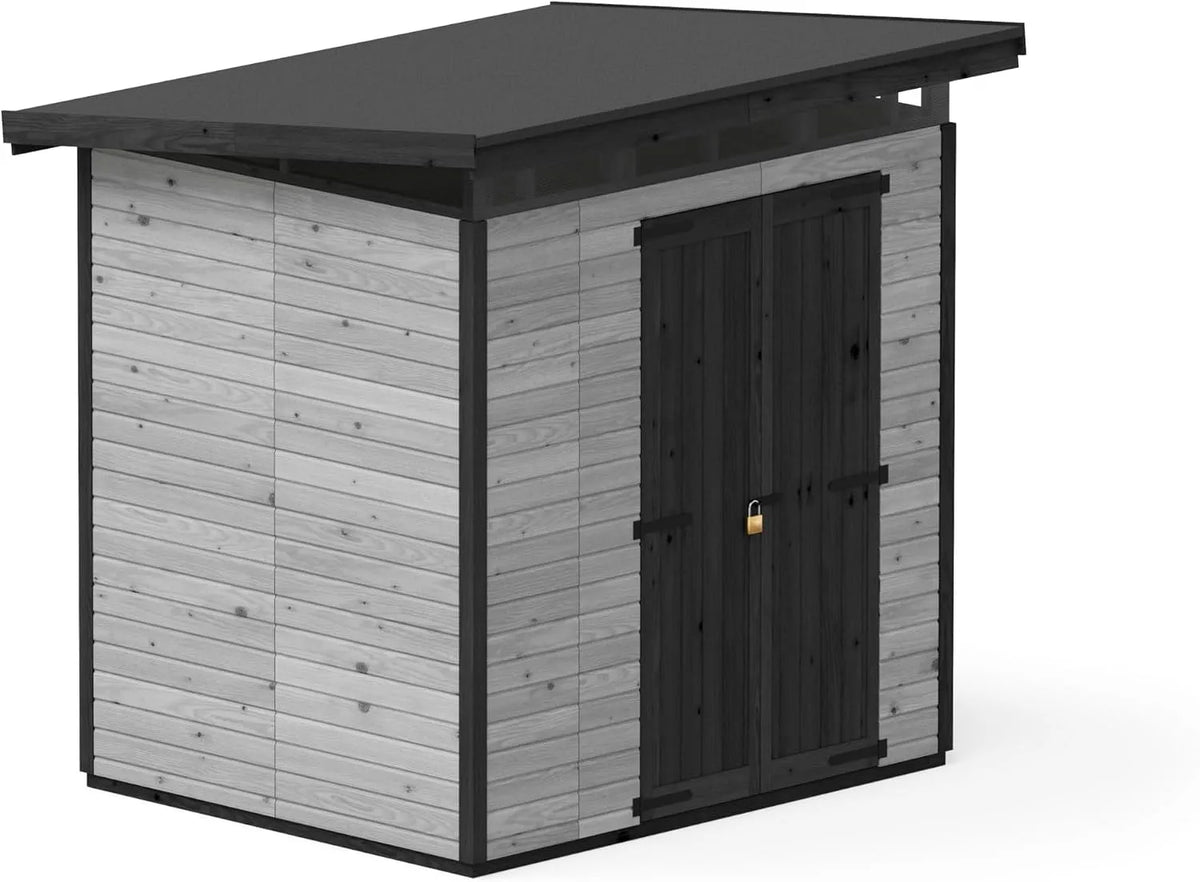 Gartenhaus, Robuste Holz Gerätehaus, Maße 203x163 cm, Strongbox L, Farbe Grau, mit imprägniertem Fundament und extra Strapazierfähigem Kunststoff Dach