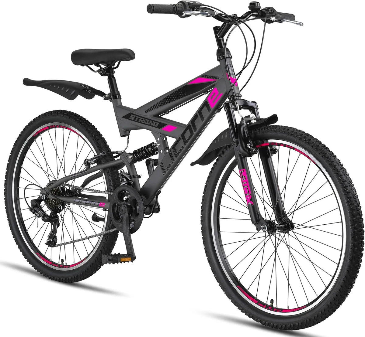 Fahrrad, 21 Gang-Schaltung, Mädchen, Vollfederung, Licorne Bike Strong V Mountainbike in 24 und 26 Zoll, für Jungen, Damen und Herren