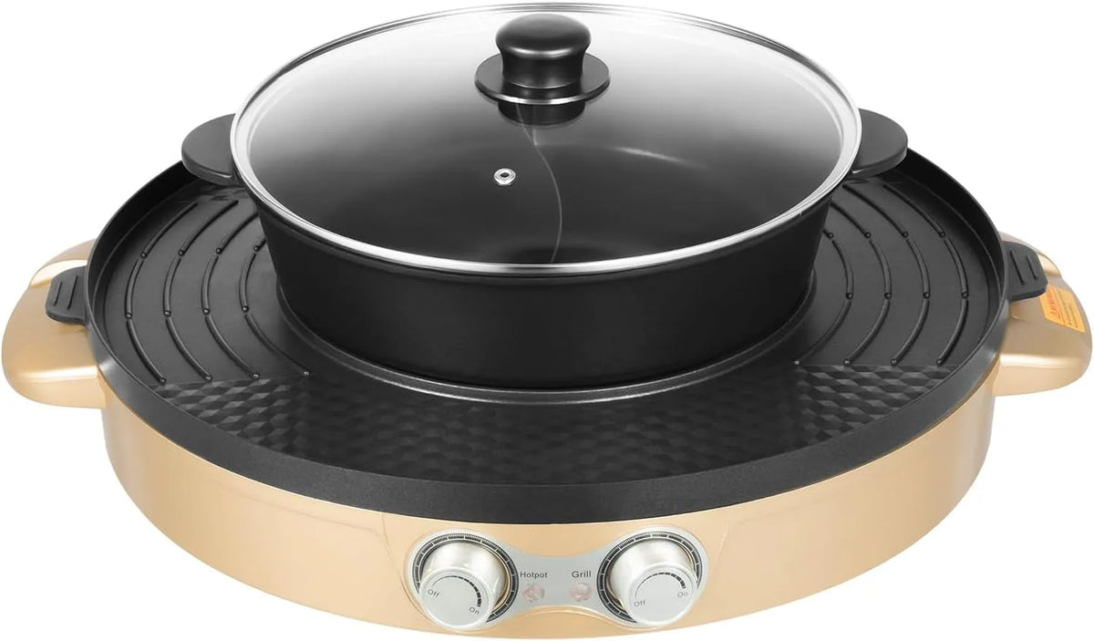 Grill, Geteilter Topf für Party & Zuhause, Hot Pot Elektrisch 2200W mit Grillplatte & Doppelzonen-Design, Gold
